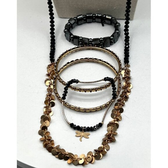 Gold & Black Beaded Jewelry Set: Layered Necklace 2  Bangles & 2 Bracelets. - Picture 2 of 10